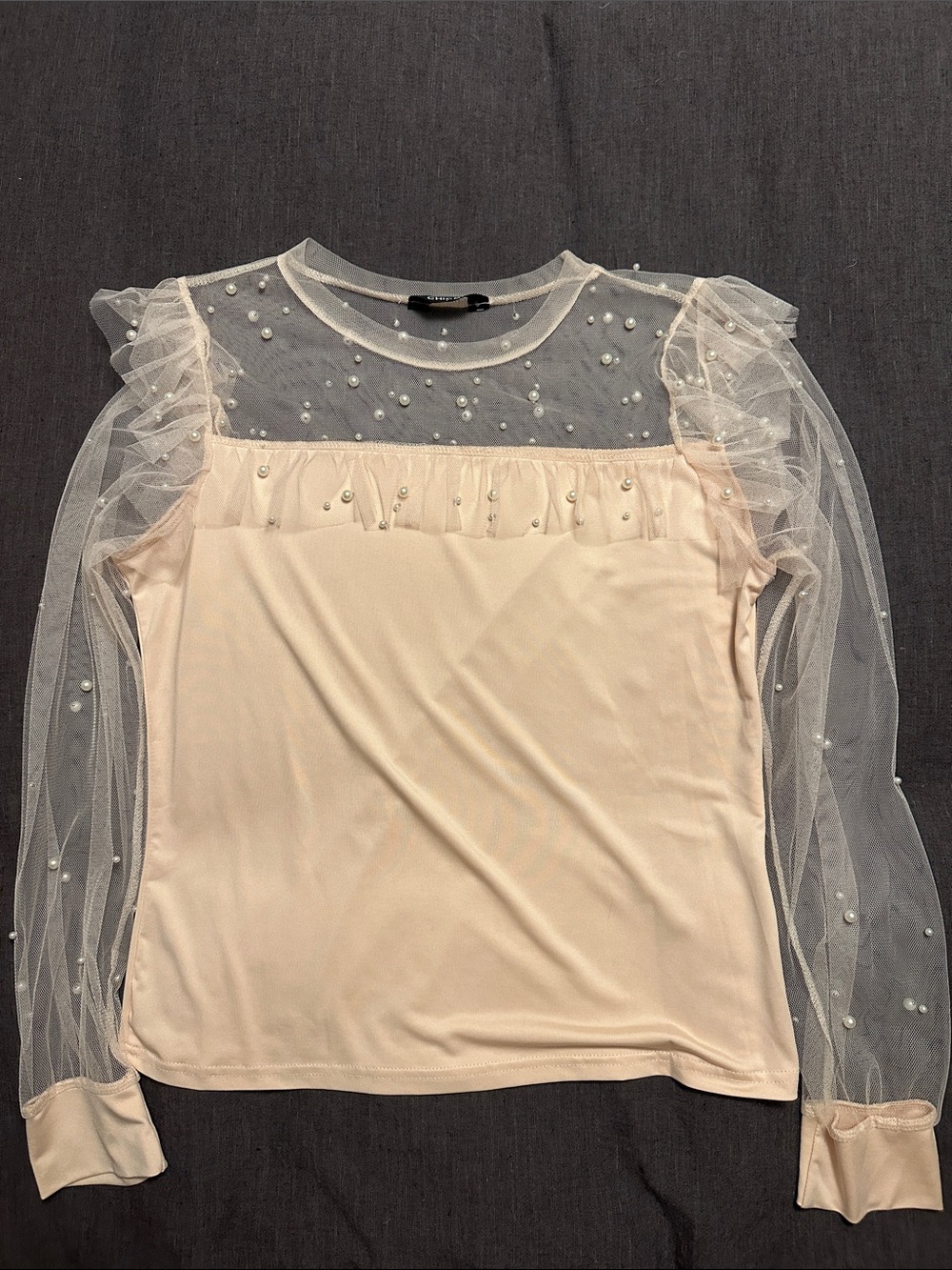 Pearl-Detail Cream Long Sleeve Mesh Yoke Top